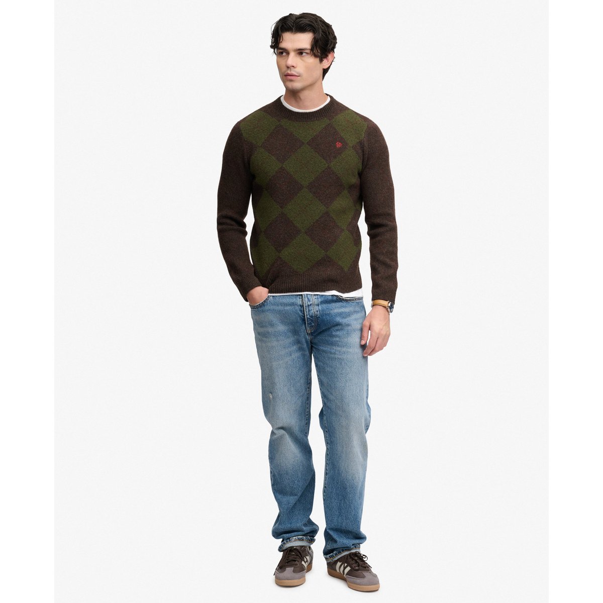 Pull Argyle coupe décontractée marron/vert argyle, SUPERDRY
