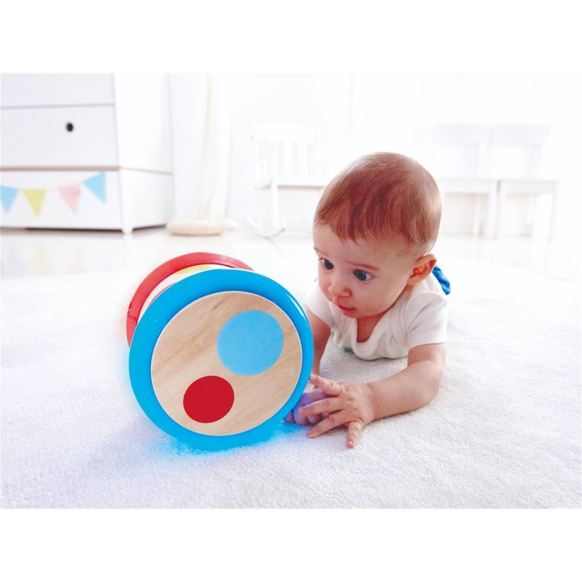Tambour Bébé en Bois Qui Roule multicolore, HAPE
