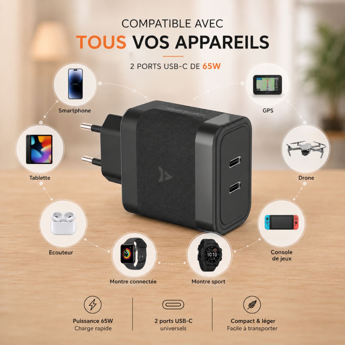 Chargeur ordinateur portable 65W charge rapide 2 USB-C - Noir couleur unique, ADEQWAT