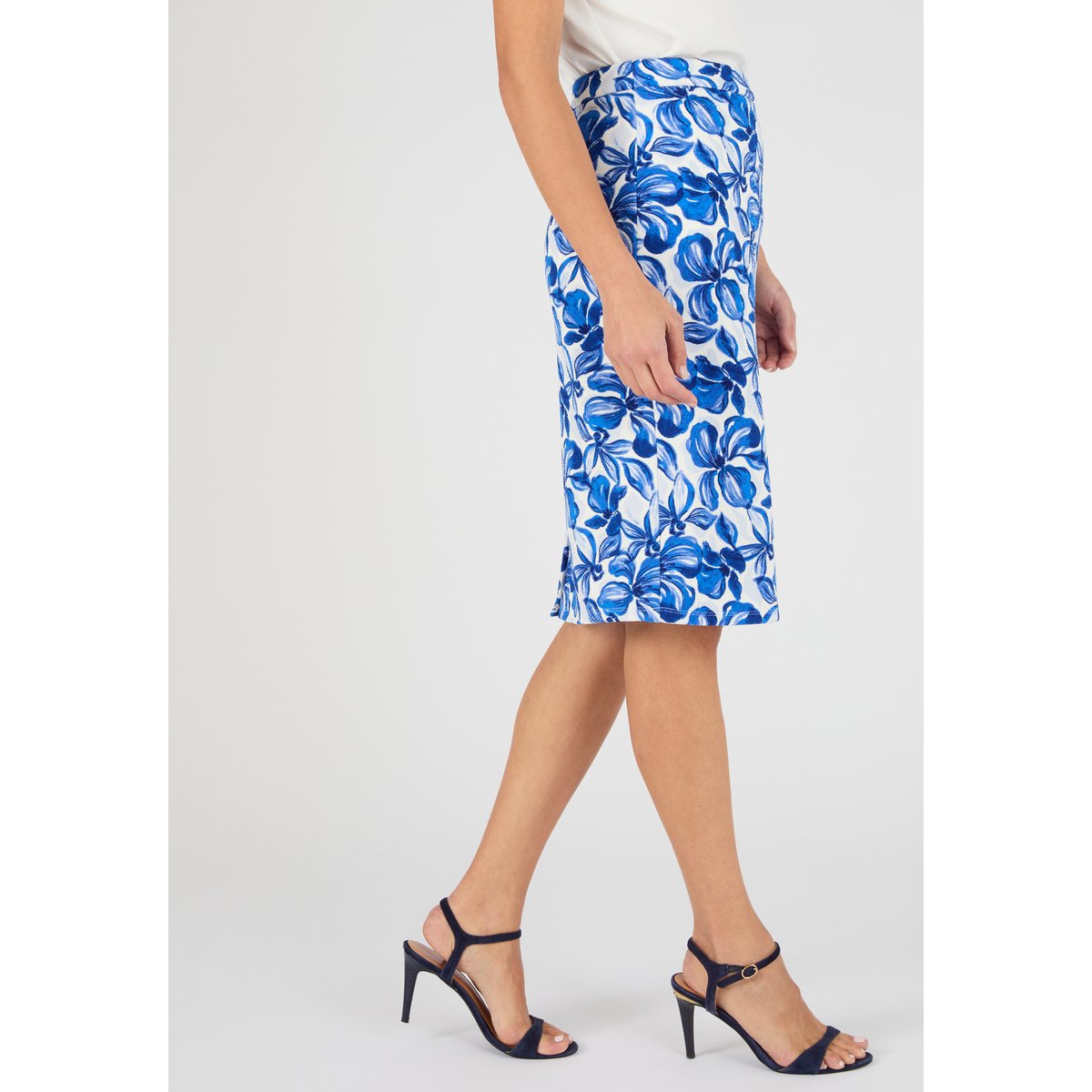 Jupe droite enfilable maille gaufrée bleu grandes fleurs, DAMART