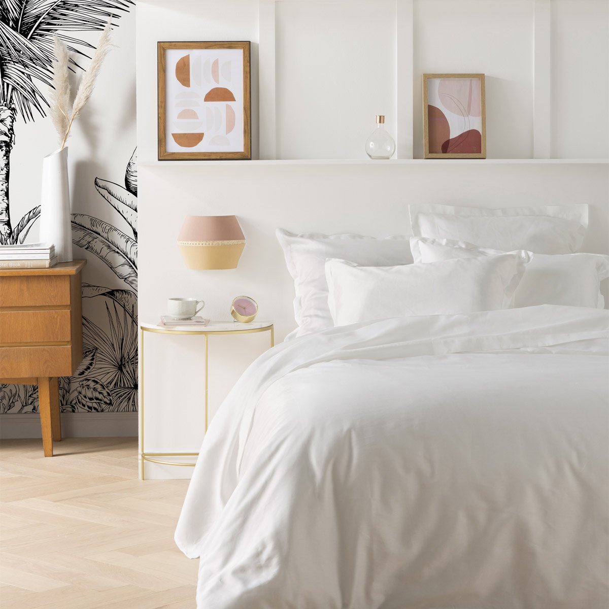 Parure de lit unie en satin de coton, taies carrées, TRIUMPH LINE blanc, ESSIX