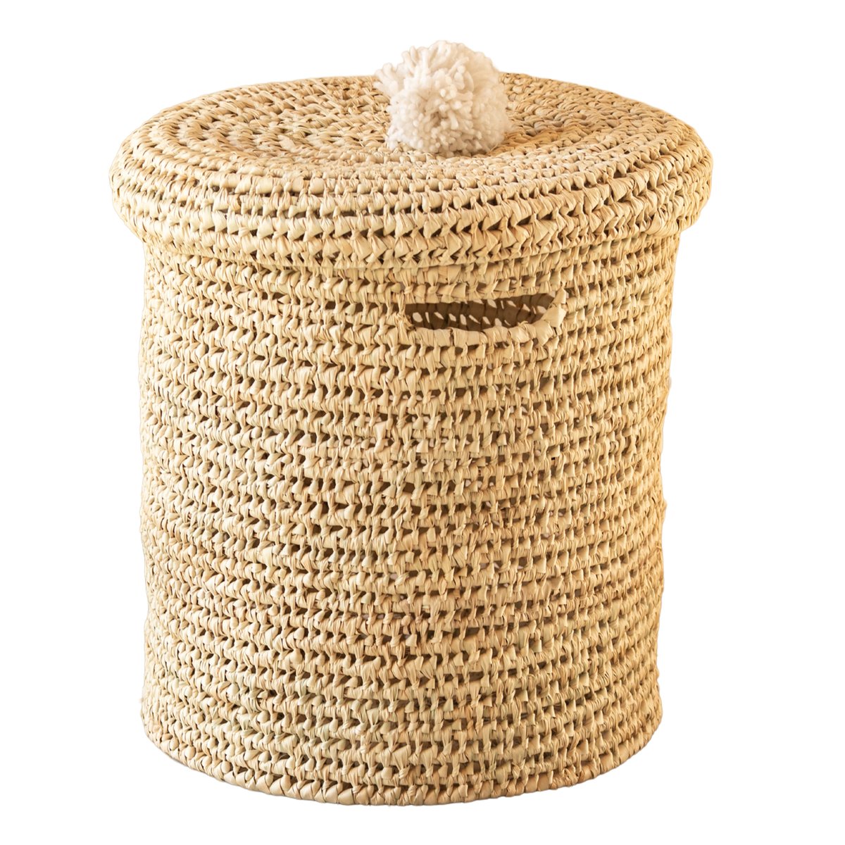 Panière a linge ajourée couvercle pompon - LOJI blanc, HOME MAISON