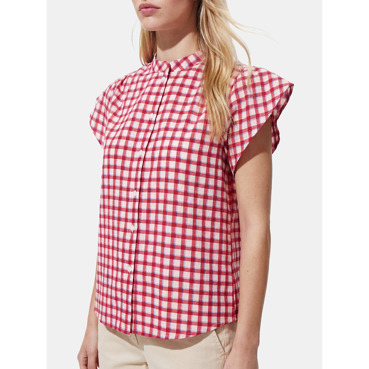 Camisa xadrez sem mangas com gola Mao quadrados rosa, PIECES