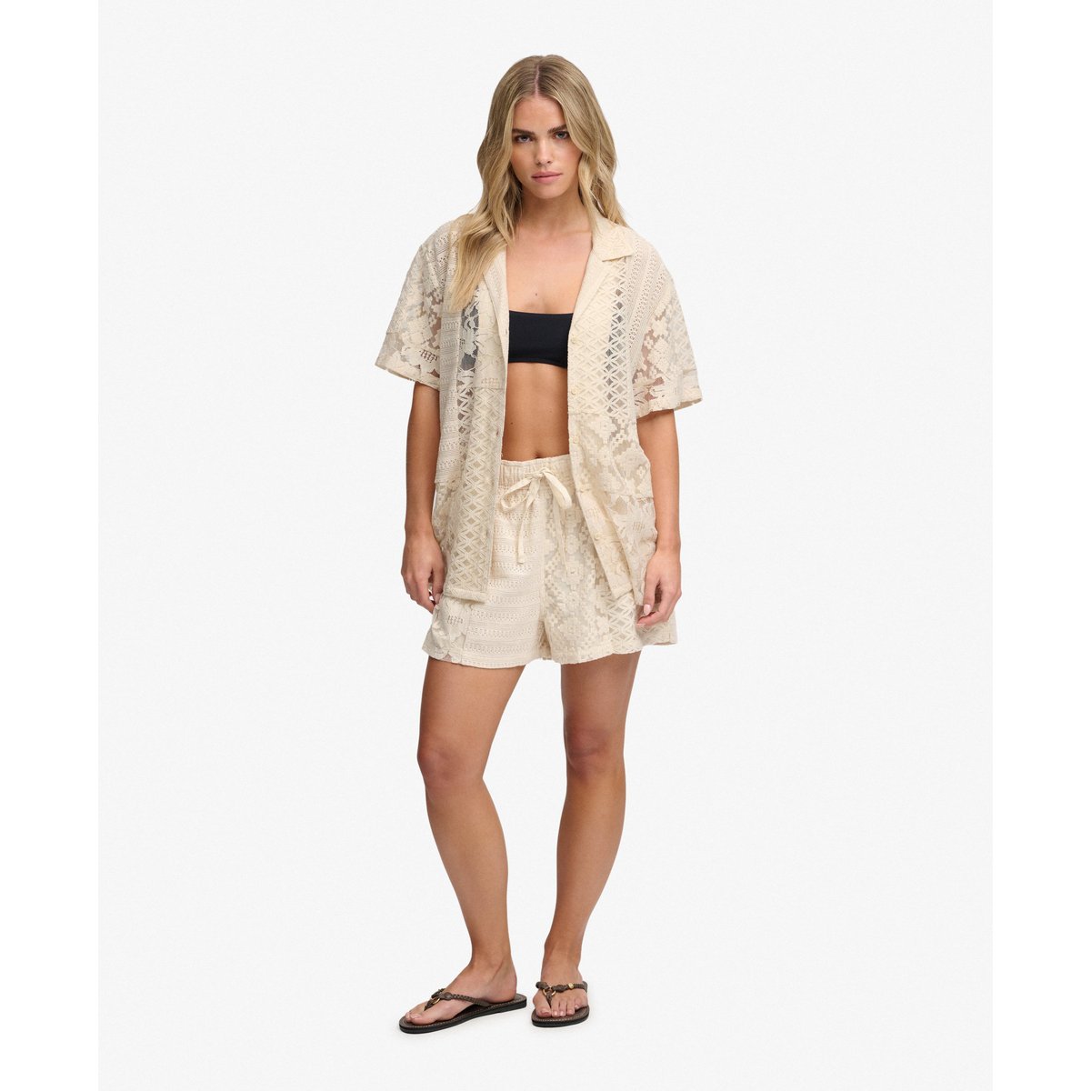 Chemise Resort Beach Dentelle Coupe Décontractée écru poudré, SUPERDRY