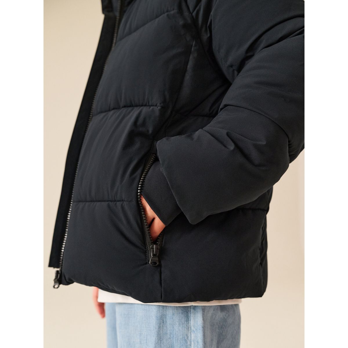 Manteau rembourré sans capuche à micropolaire noir, NEXT