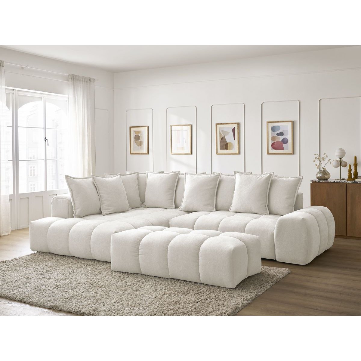 Canapé d'angle convertible 4 places en tissu texturé avec pouf, EVEREST blanc, BOBOCHIC