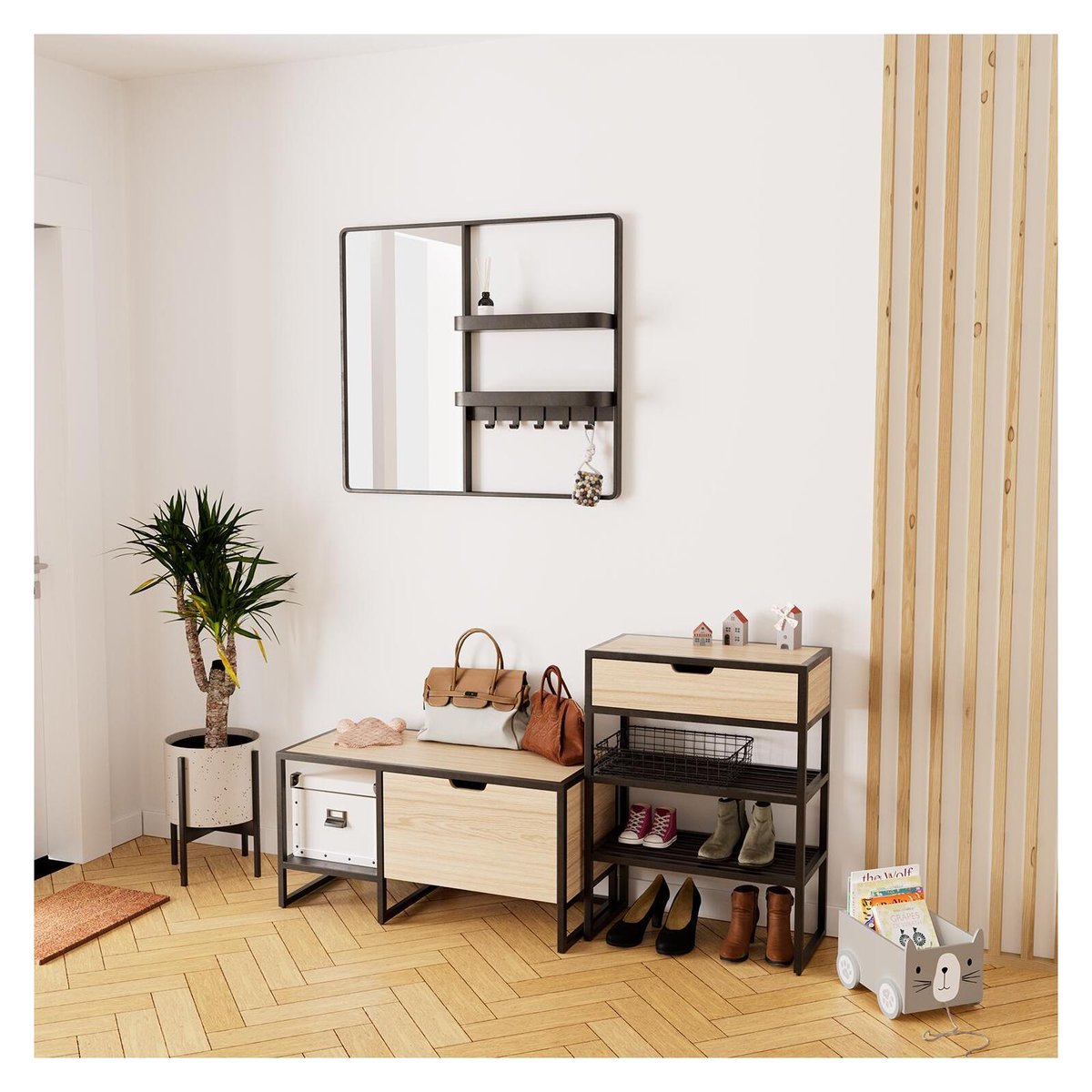 Ensemble d'entrée banc +console +miroir WILKO noir et bois, MOB IN