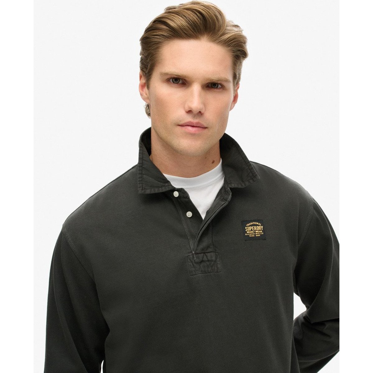 Polo de rugby à manches longues et surpiqûres contrastées noir délavé, SUPERDRY