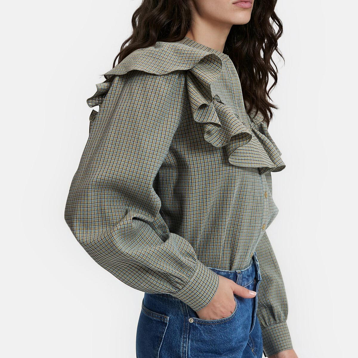 Chemise col rond à carreaux et volant  carreaux vert/marine, LA REDOUTE COLLECTIONS