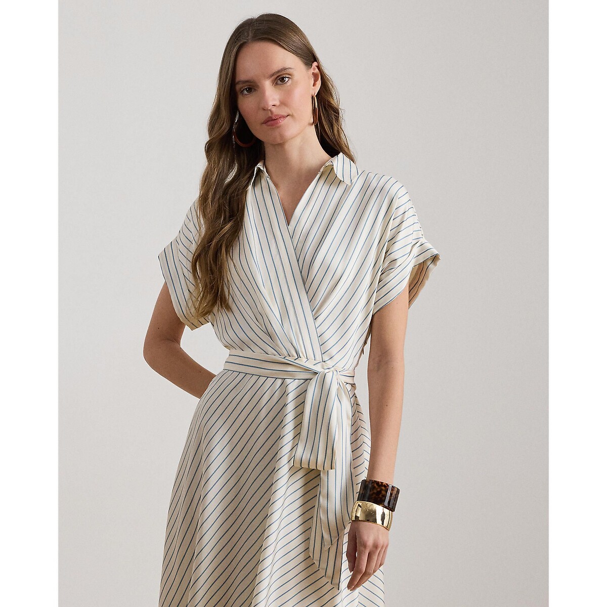 Striped Wrapover Short Sleeve Midi Dress ecru/navy striped, LAUREN RALPH LAUREN