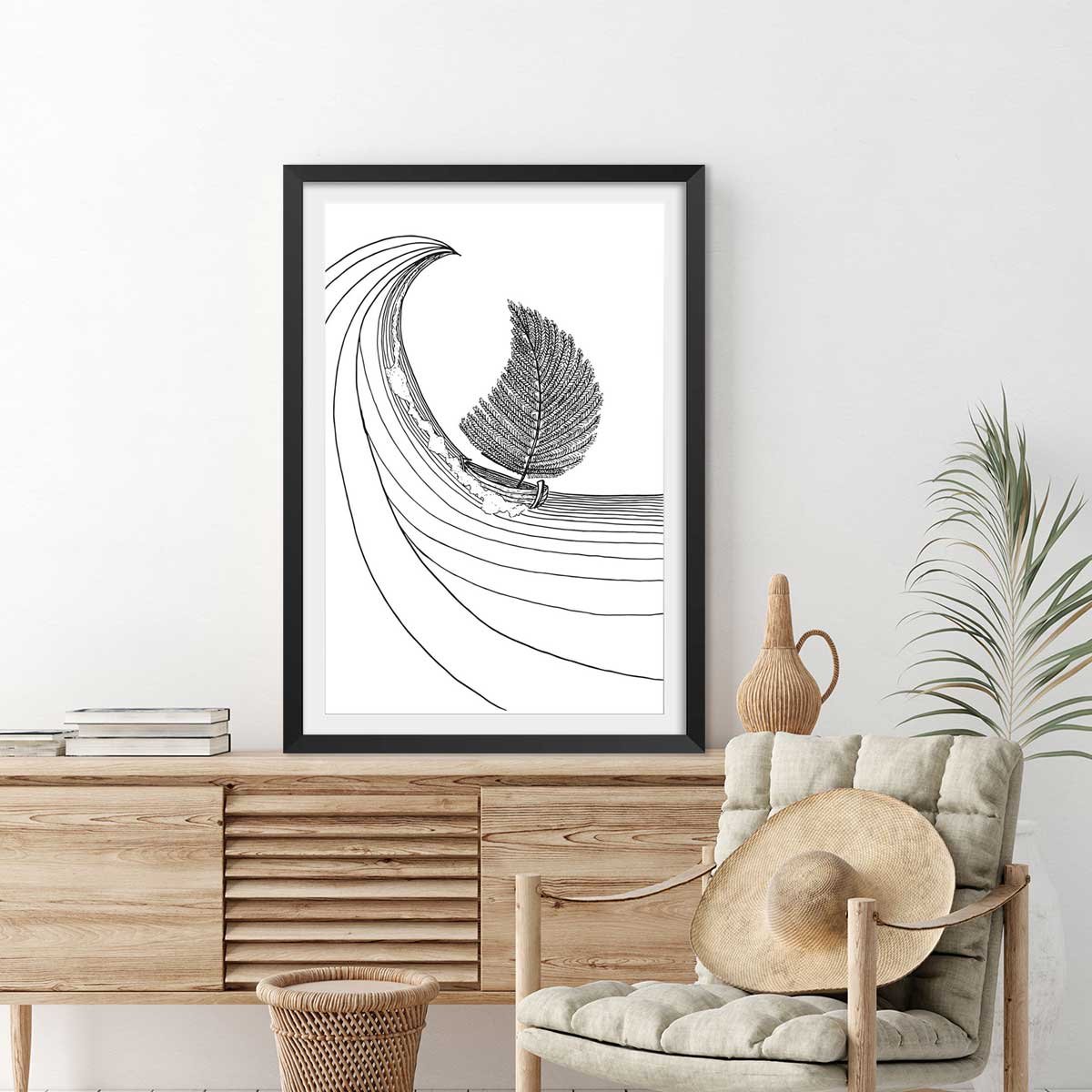 Poster voilier fougeres affiche + cadre en bois - noir, HEXOA
