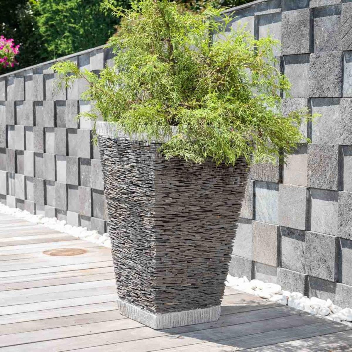 Pot bac jardinière pierre naturelle ardoise carré jardin terrasse 80cm gris, WANDA COLLECTION