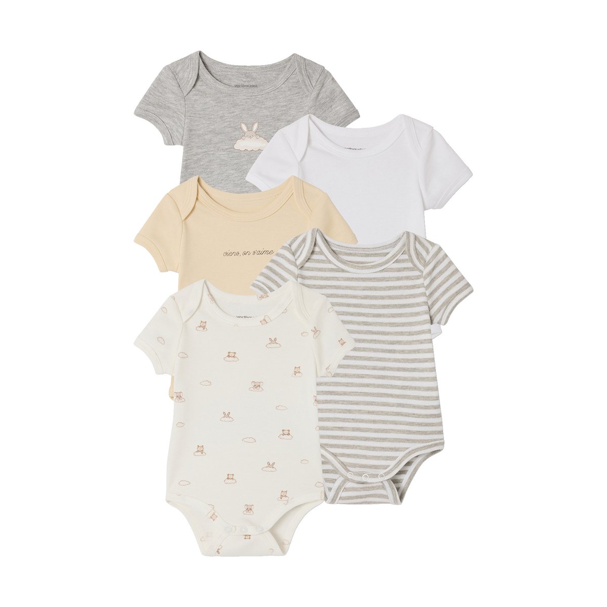 Lot 5 bodies manches courtes lapin nuage écru, VERTBAUDET