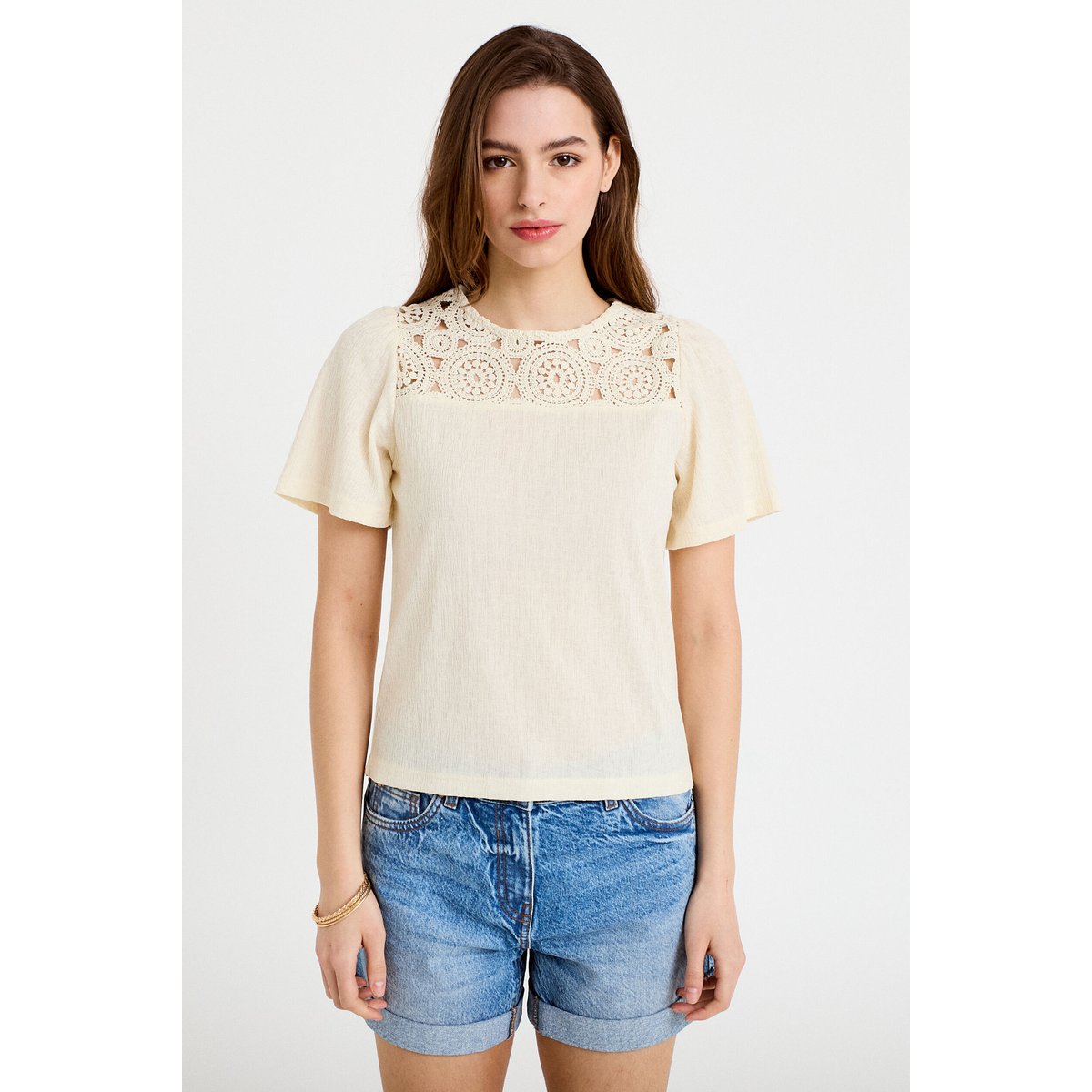T-shirt manches courtes aspect dentelle ecru, CACHE CACHE