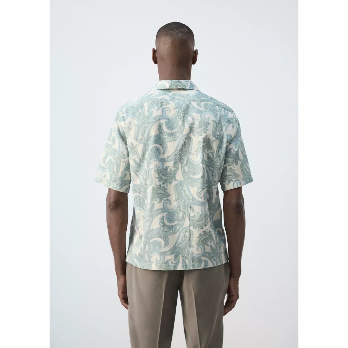 Chemise coton imprimée col bowling vert pastel, MANGO MAN