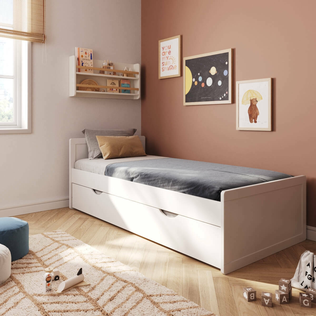 Pack lit enfant gigogne avec matelas Bois massif PETER blanc, AKITEN RETAIL