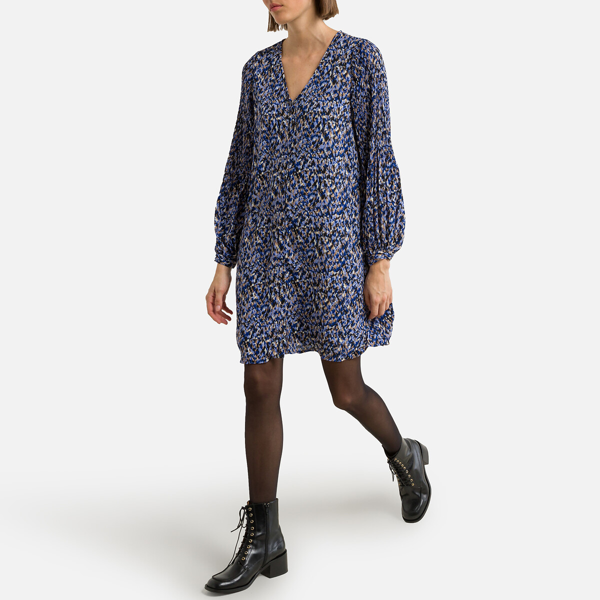Robe courte imprimée, col V imprimé bleu, VERO MODA