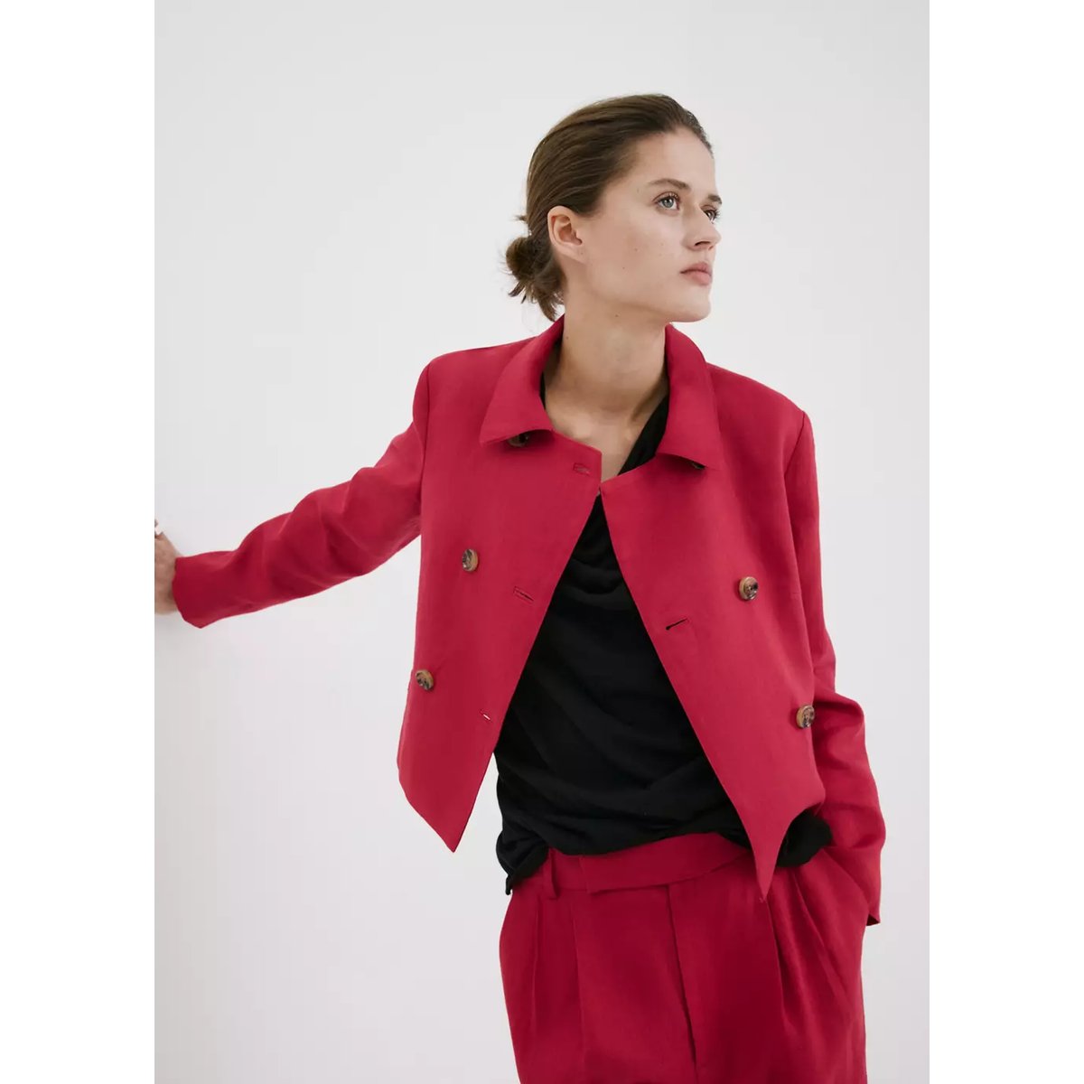 Veste en lin à double boutonnage rouge, MANGO