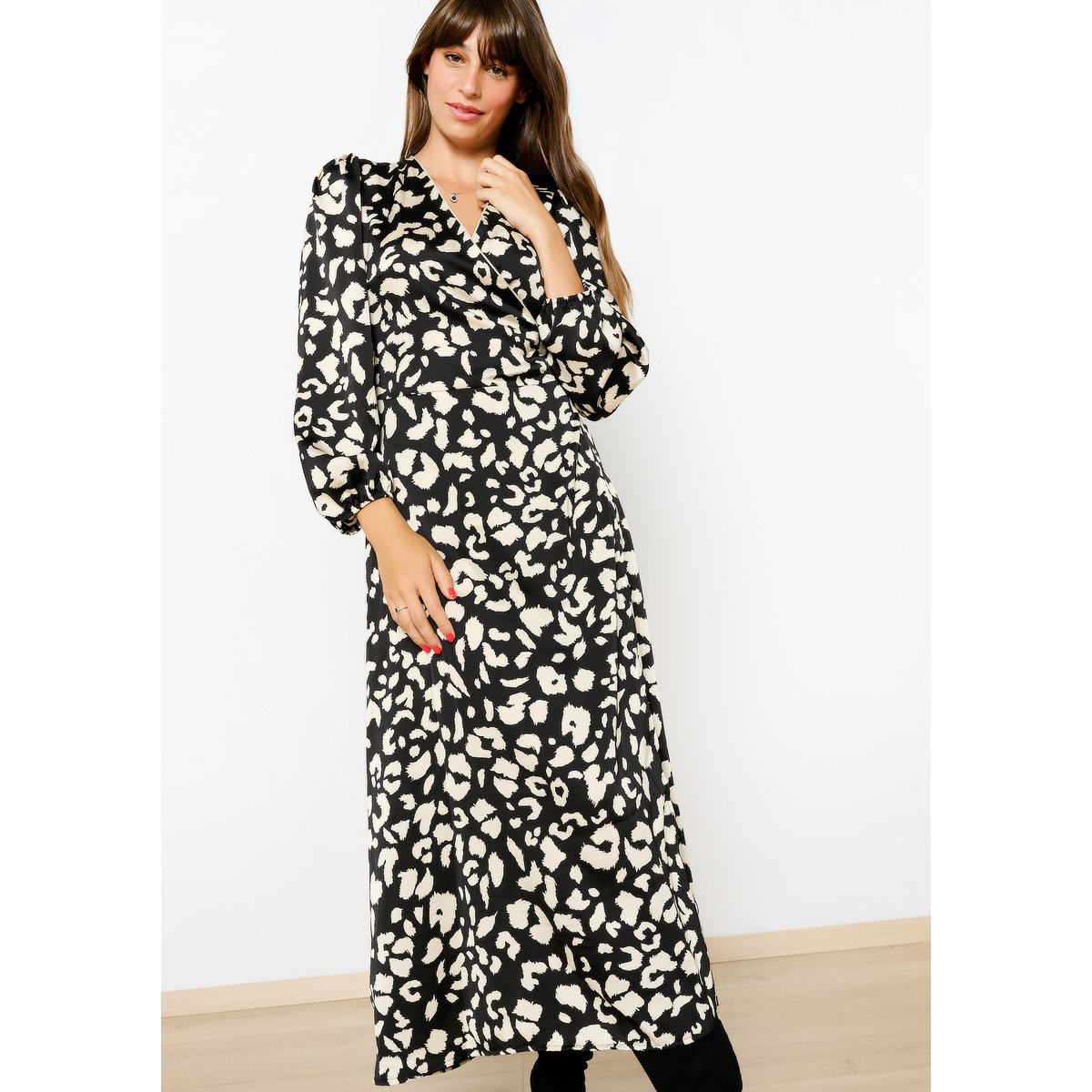 Robe cache-coeur à imprimé léopard noir, LOLALIZA