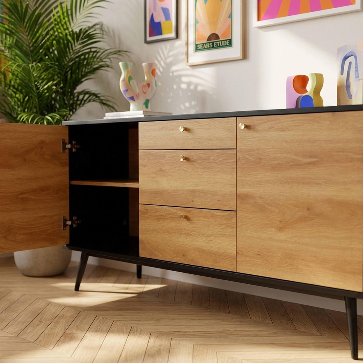 Buffet scandinave effet bois clair 2 portes 3 tiroirs 150 cm, MILO noir, OVIALA