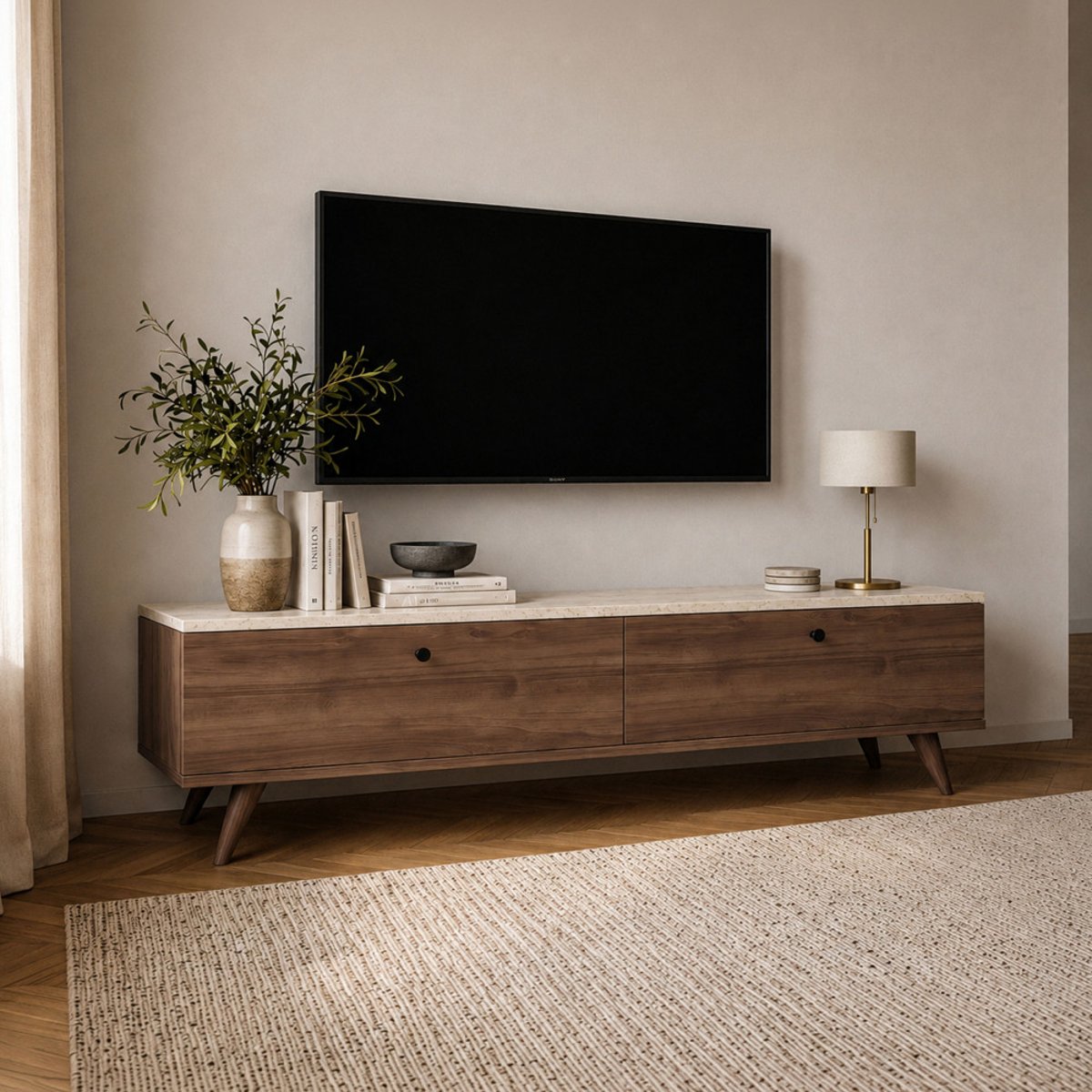 Meuble TV 2 portes plateau effet travertin et bois L160cm- YARA bois foncé, DRAWER