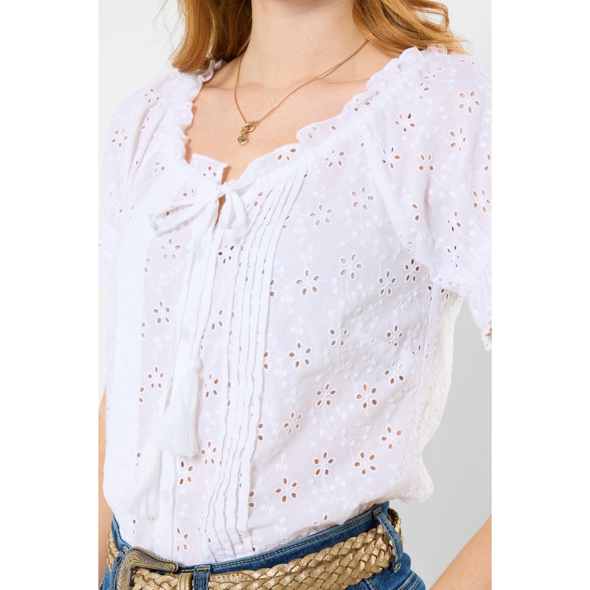 Blouse brodée à boutons et pompons blanc, JOE BROWNS