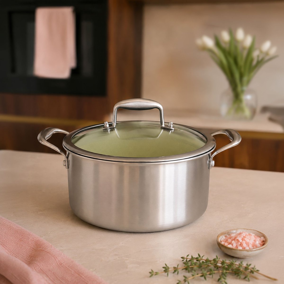 Batterie de cuisine 8 pièces en acier inoxydable avec 2 poignées, AGLAE inox-vert, MENASTYL