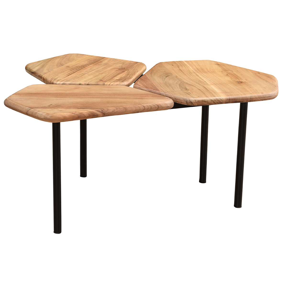 Table basse 3 plateaux bois massif et métal noir L95 cm SUZANE naturel, MILIBOO