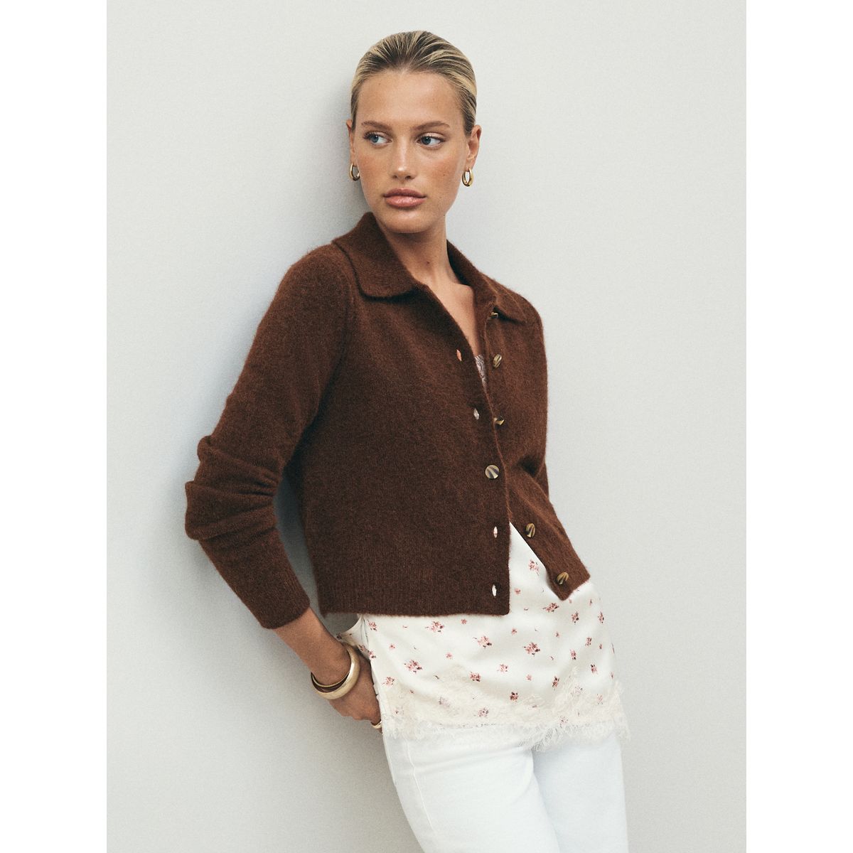 Cardigan en laine mélangée avec col maille marron, NEXT