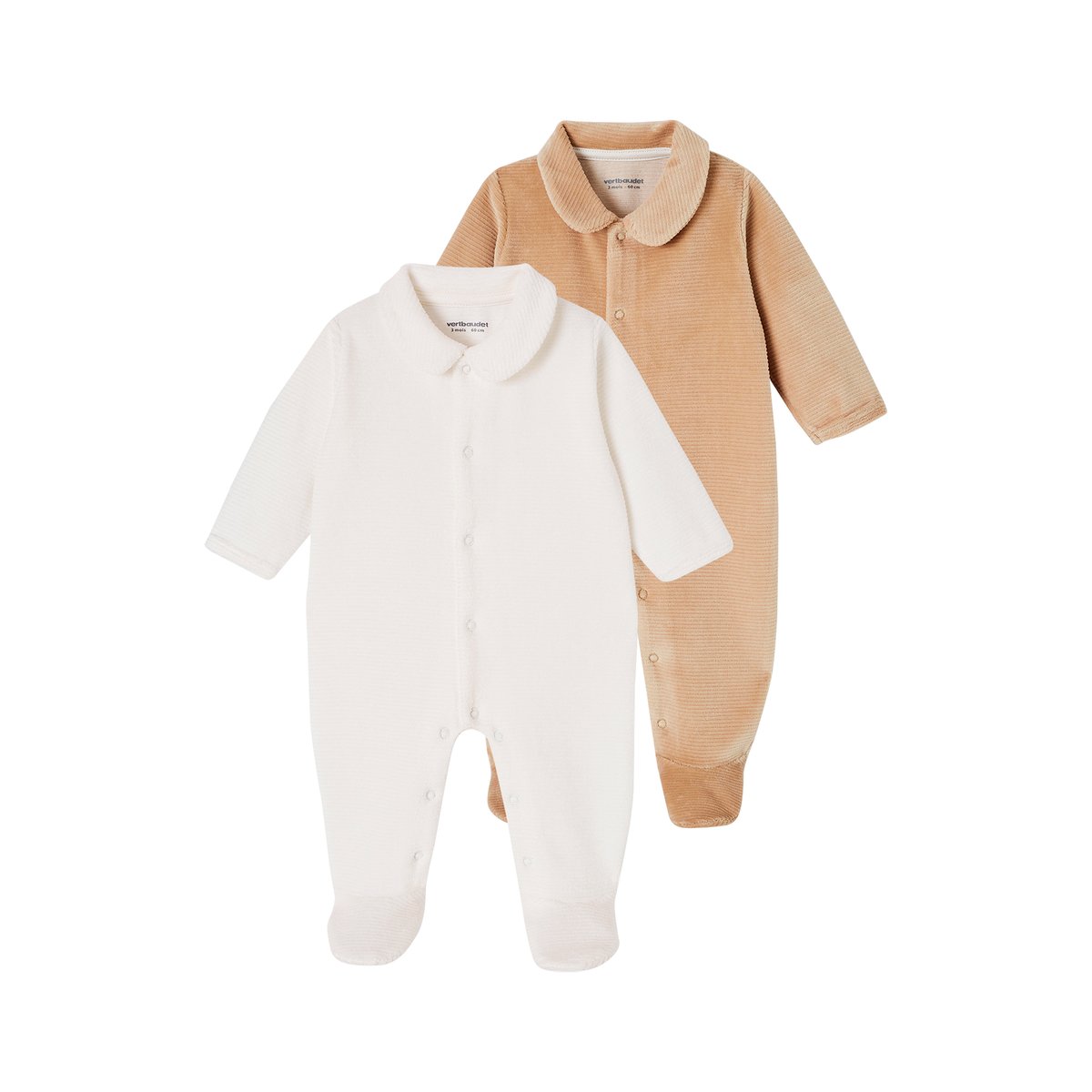 Lot de 2 pyjamas mixtes en velours ouverture naissance beige, VERTBAUDET