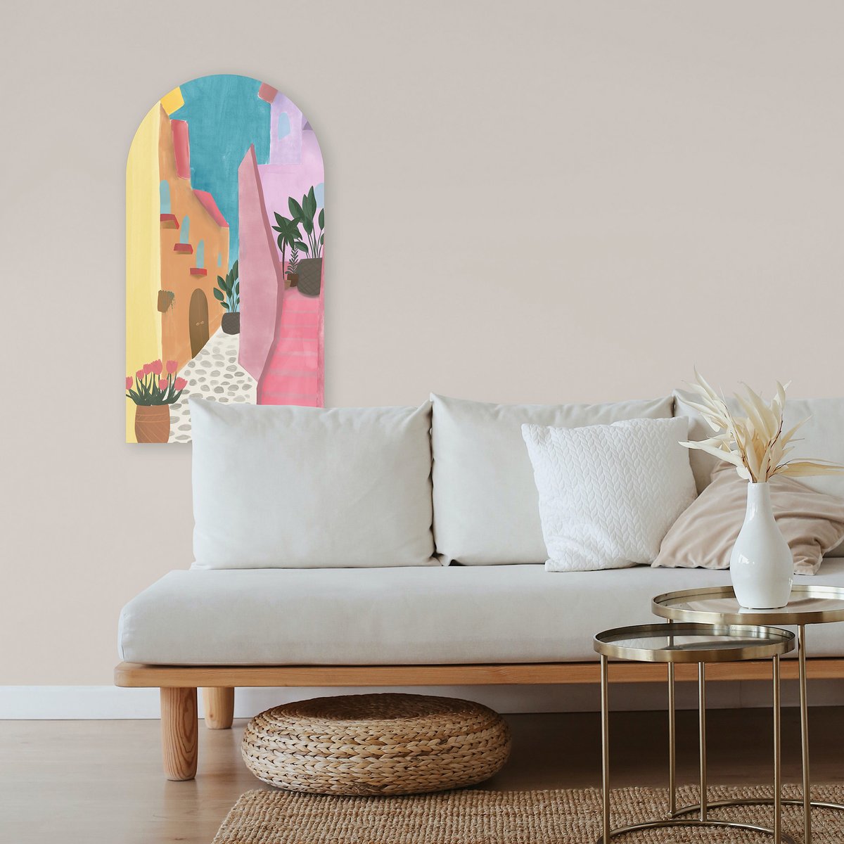 Toile Arche Plein été, ambiance du Sud rose, jaune, abricot, bleu azur, ART FOR THE HOME