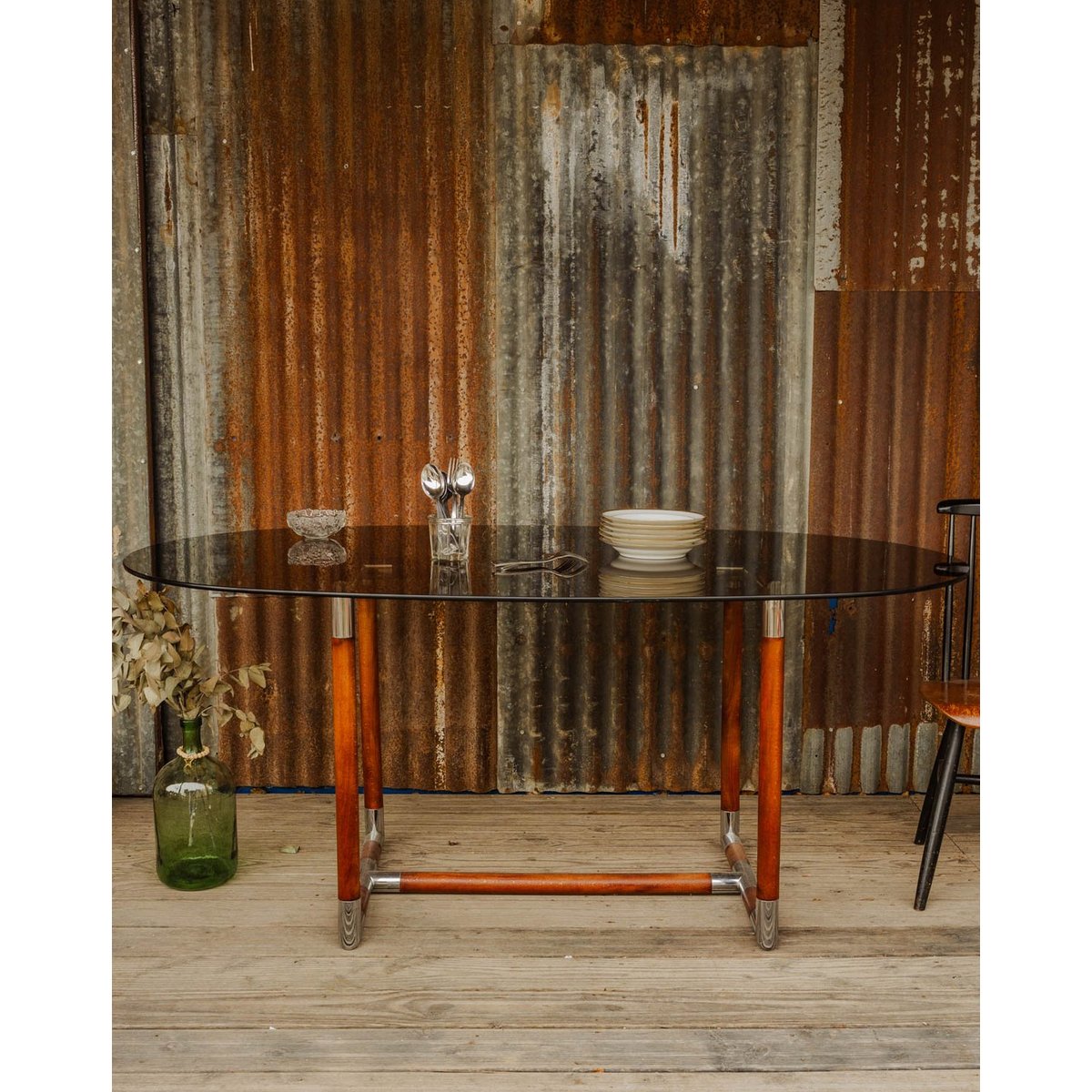 Table à manger en verre et bois Karla N°1299 - Bon état transparent, DEBONGOUT