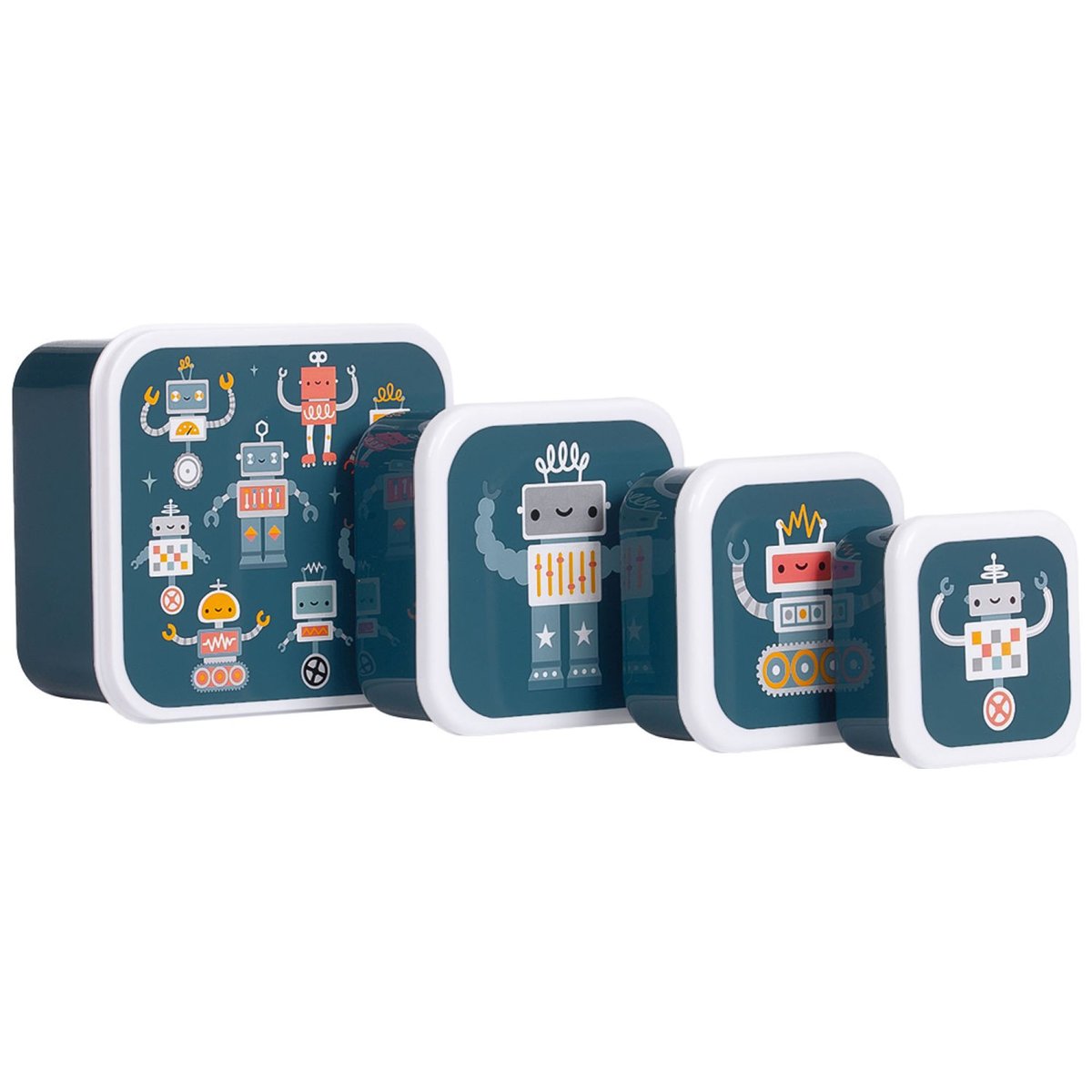 Lot de 4 boîtes à goûter bleu robots, A LITTLE LOVELY COMPANY