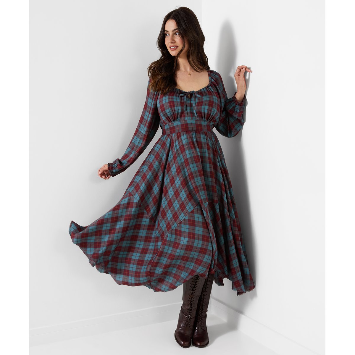 Robe Longue à Carreaux et Ourlet Plongeant Daphne bleu, JOE BROWNS
