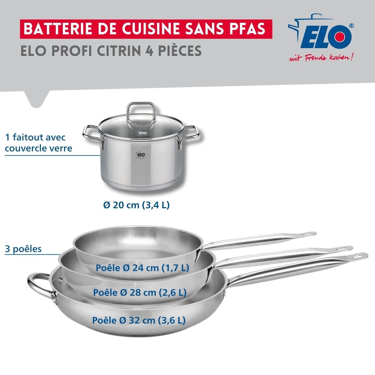 Batterie 3 poêles 24/28/32cm + 1 faitout 20cm PROFI CITRIN gris, ELO