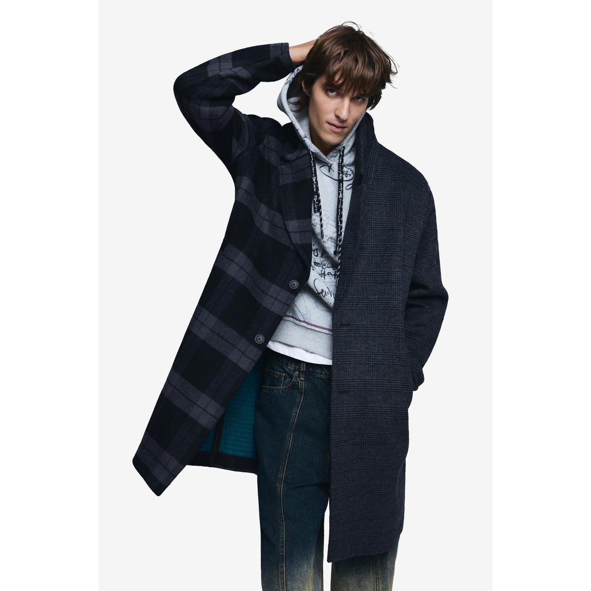 Manteau en laine bimatière à carreaux gris, DESIGUAL