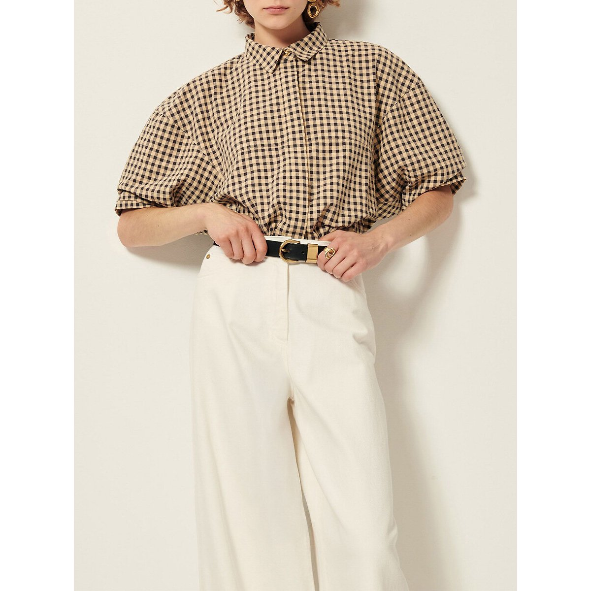 Chemise à carreaux vichy, à manches courtes ballon, FLORENTINA vichy beige, SESSUN