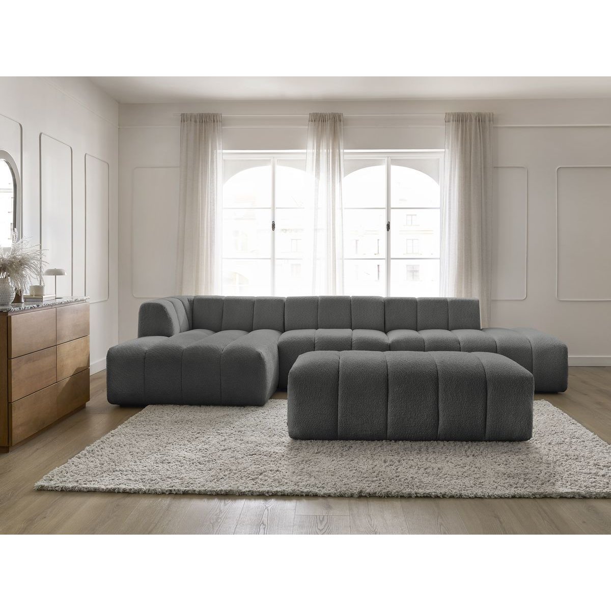 Canapé modulable 5 places en tissu bouclette, ANNECY gris foncé, BOBOCHIC