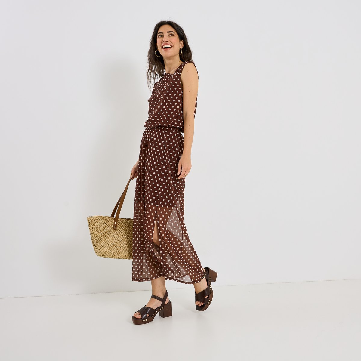Top asymétrique imprimé pois marron chocolat, GRAIN DE MALICE