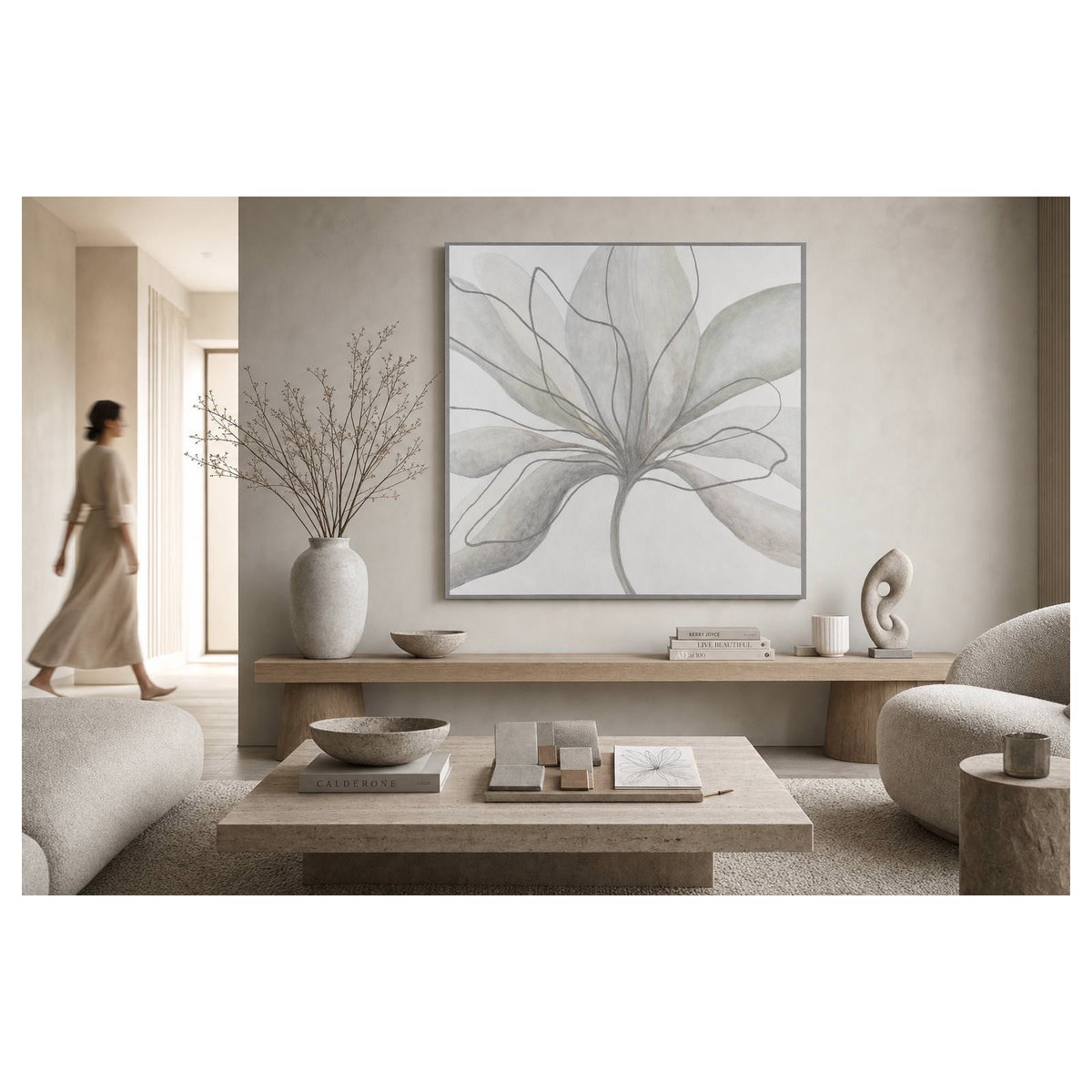 Toile murale fleur abstraite blanc et gris, RECOLLECTION