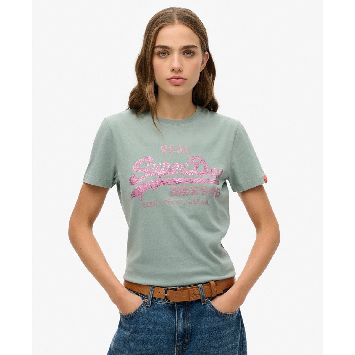 T-shirt slim à strass Vintage Logo bleu argent, SUPERDRY