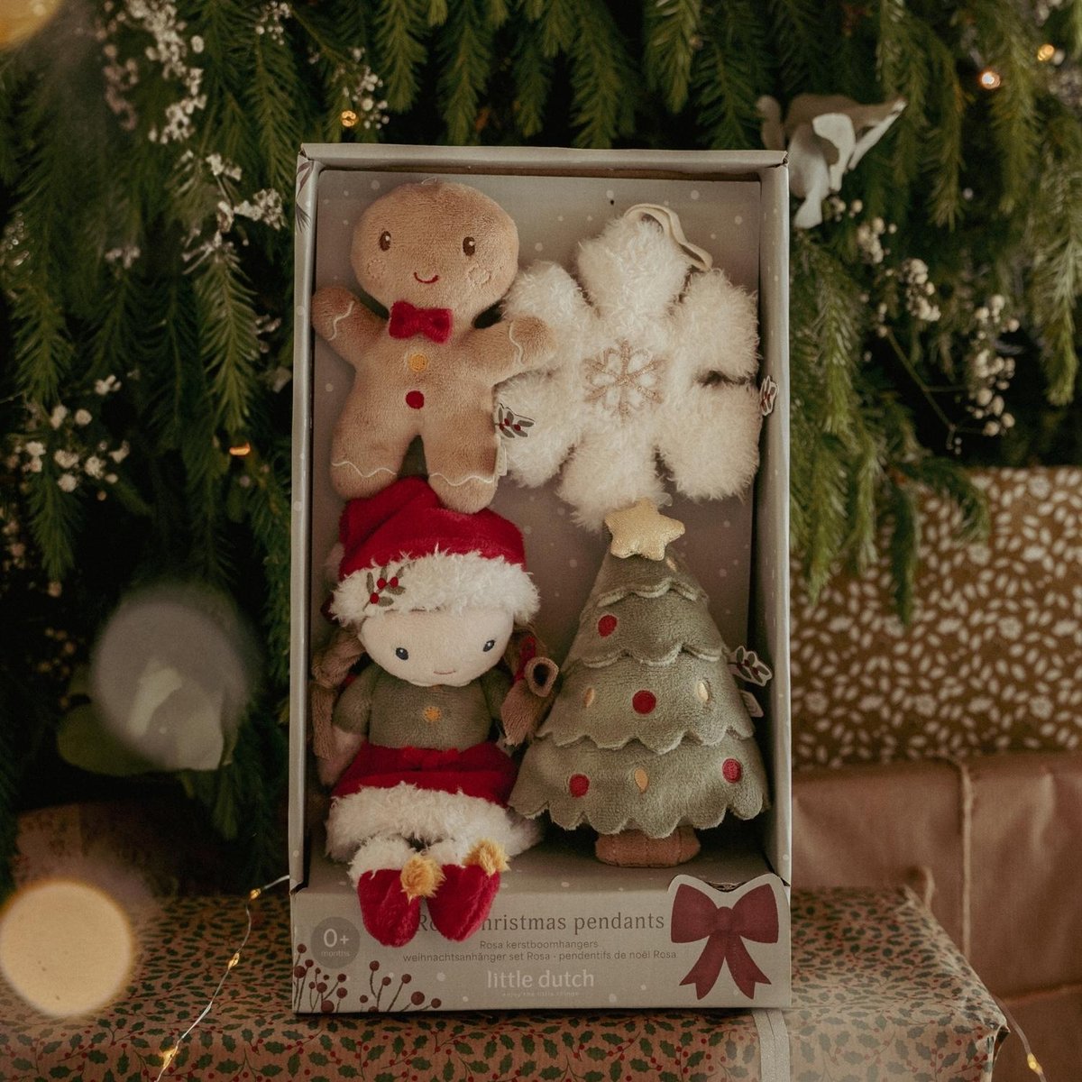 Lot de 4 décorations de Noël en peluche à suspendre vert, rouge, blanc, LITTLE DUTCH