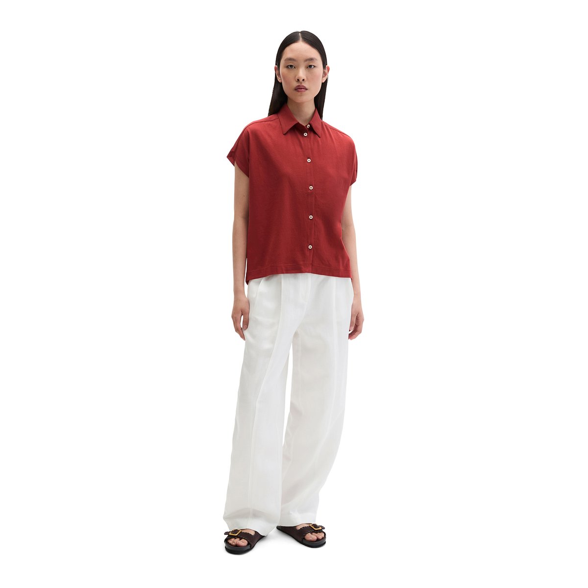 Blouse en jersey large en mélange de matériaux rouge foncé, MARC O'POLO