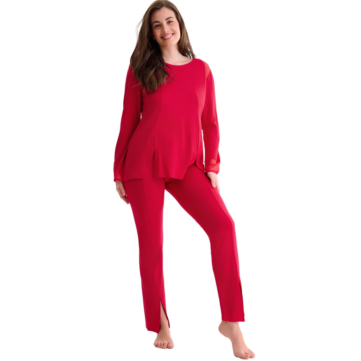 Pyjama pantalon évasé tunique manches longues ROXANNE rouge, LISCA