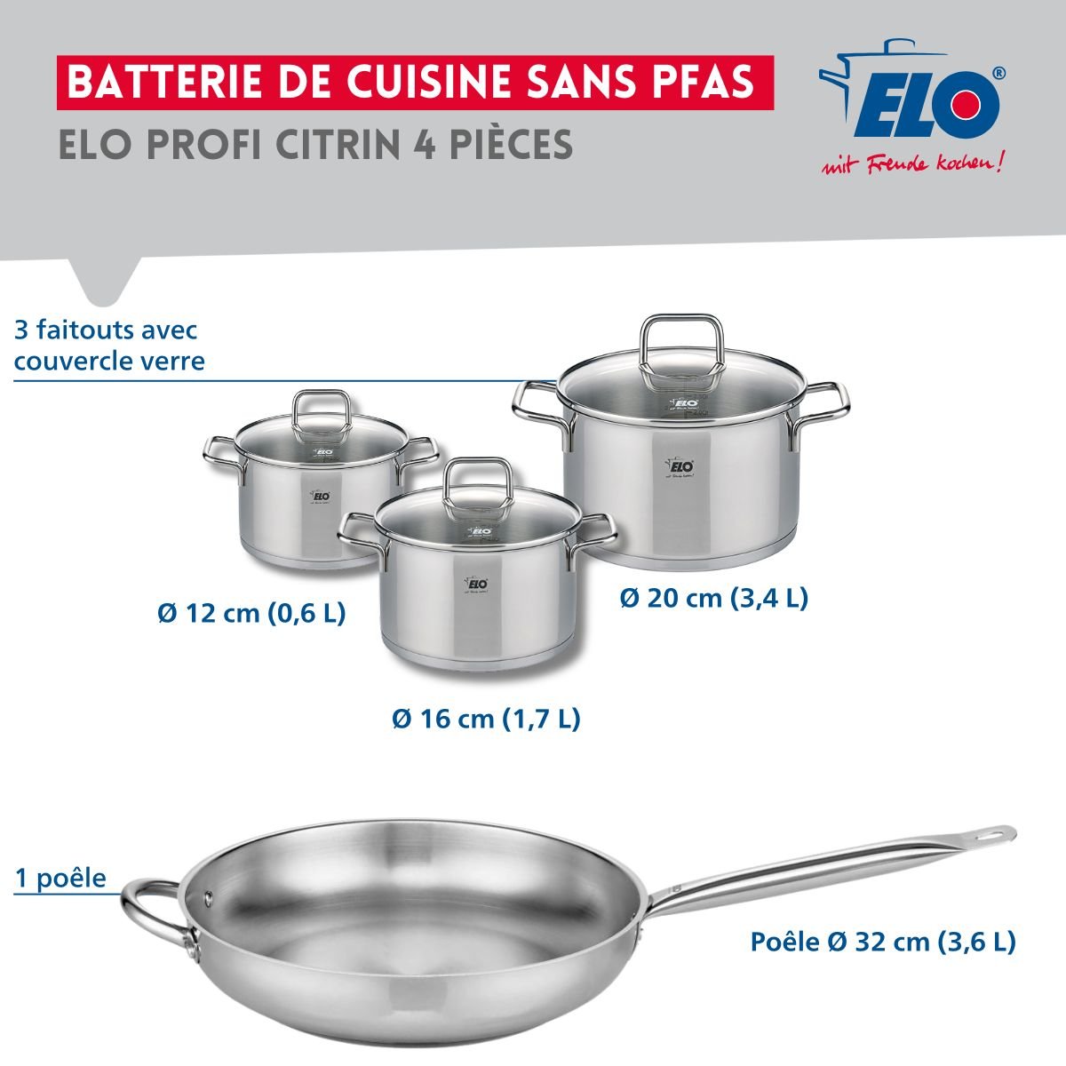 Batterie 1 poêle 32cm + 3 faitouts 12/16/20cm PROFI CITRIN gris, ELO