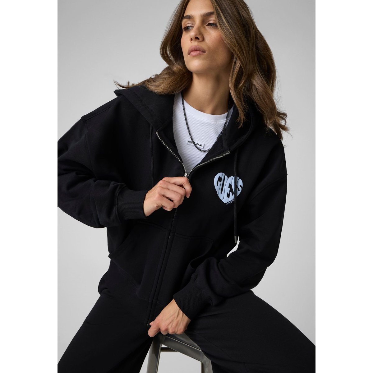 Sweat À Capuche Imprimé À Fermeture Éclair Intégrale noir, GUESS JEANS