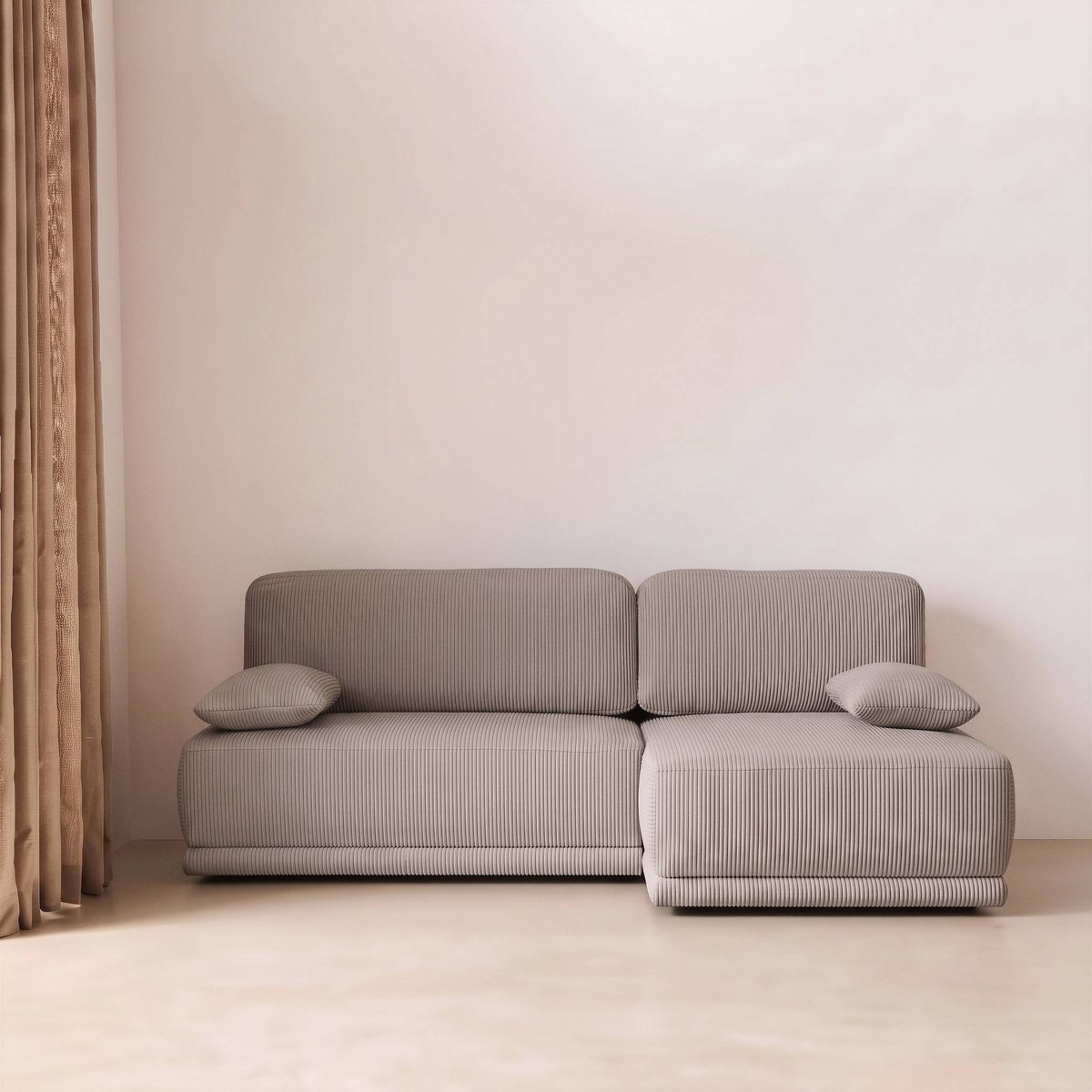 Banquette canapé d'angle droit convertible 3 places velours côtelé avec coffre NELSON taupe, SWEEEK