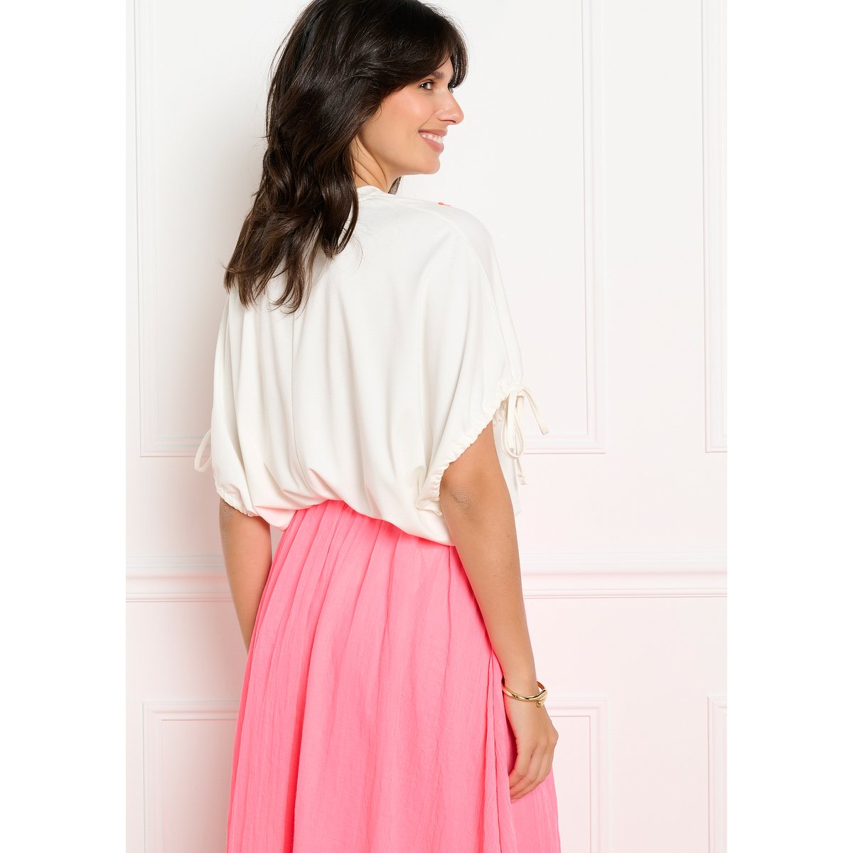 Top brodé manches nouées blanc, LOLALIZA
