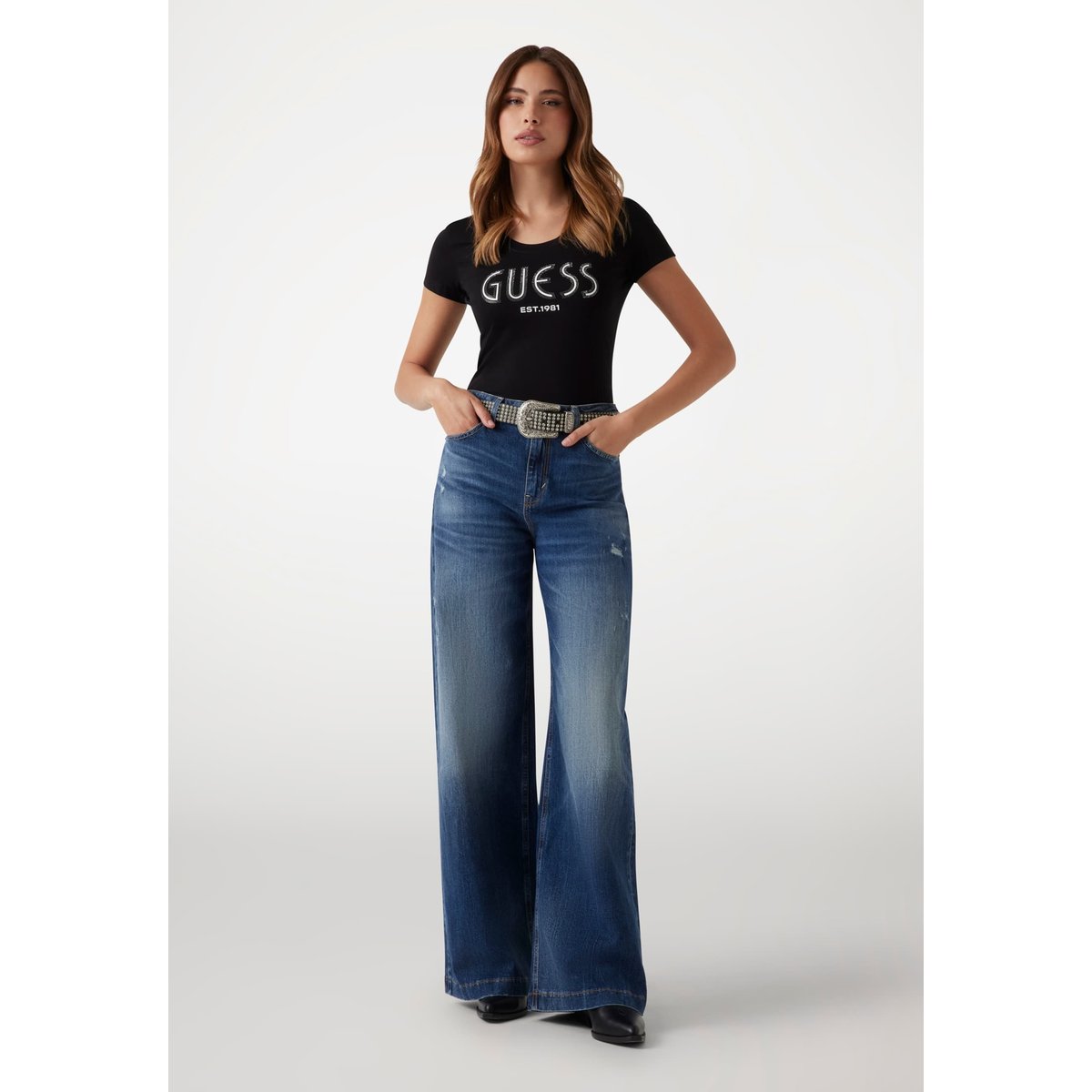T-Shirt Logo Strass noir, GUESS