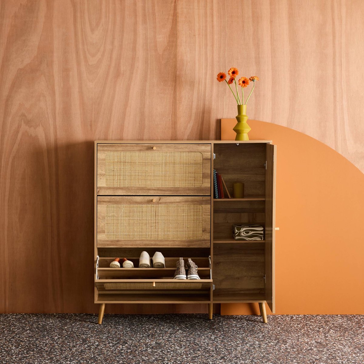 Meuble à chaussures décor bois et cannage 3 abattants 1 porte BOHÈME naturel, SWEEEK